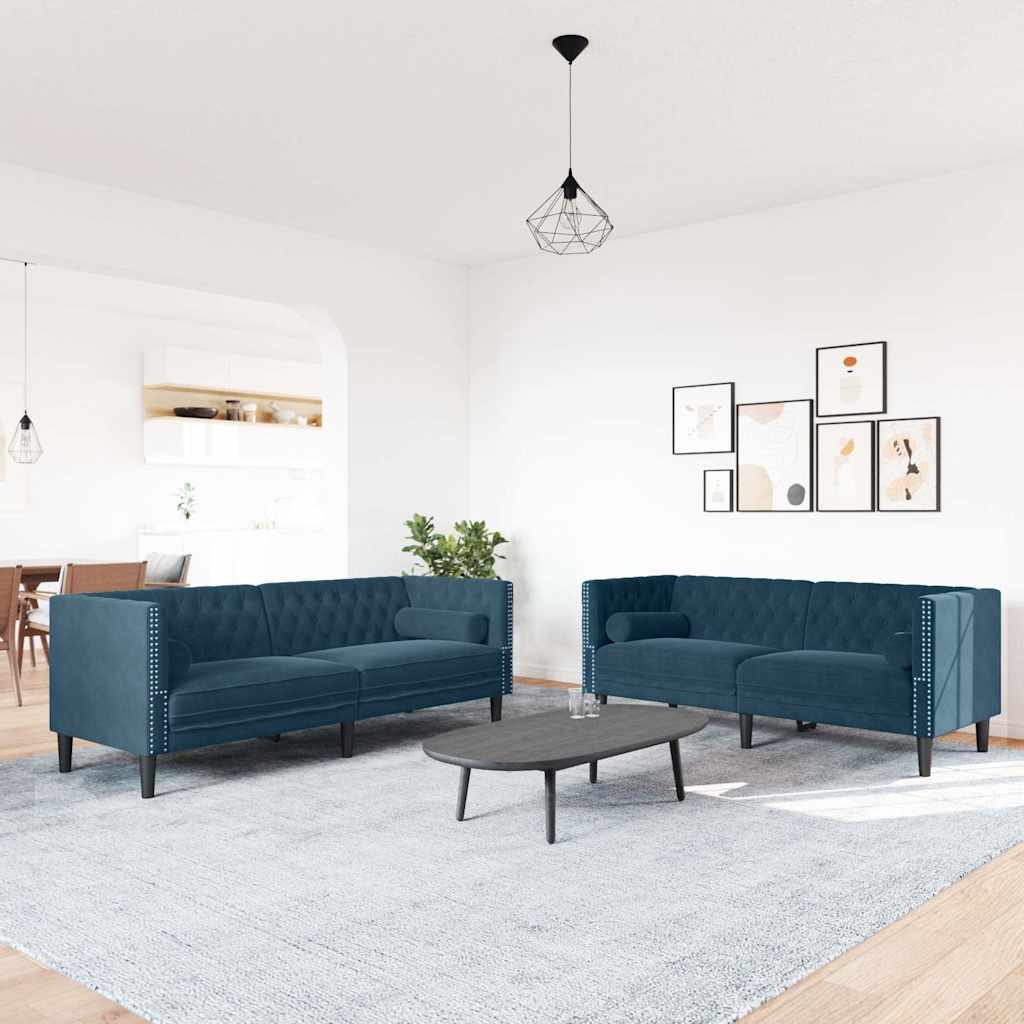 Chesterfield-sofasæt i fløjl med puder - blå, 2- og 3-personers
