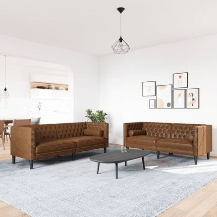 2-personers Chesterfield-sofasæt m. puder imiteret ruskind brun