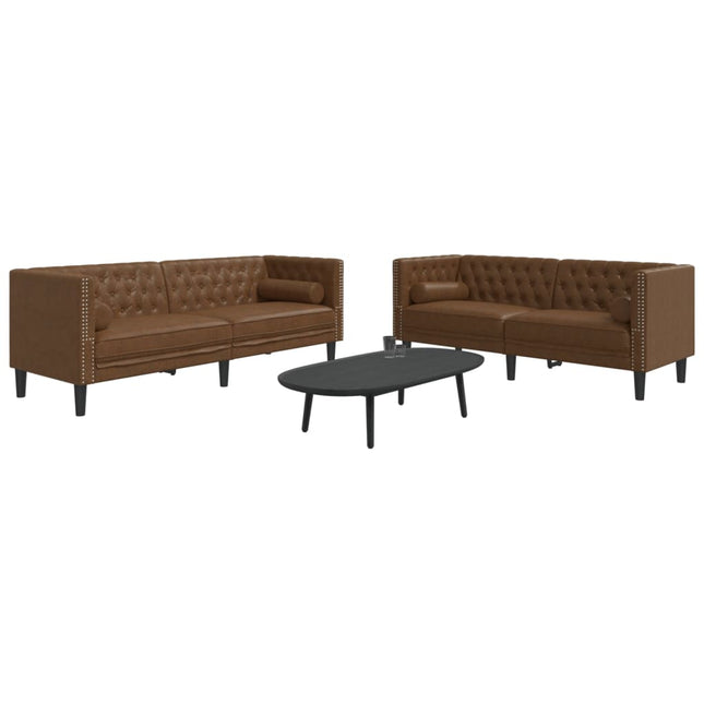 2-personers Chesterfield-sofasæt m. puder imiteret ruskind brun