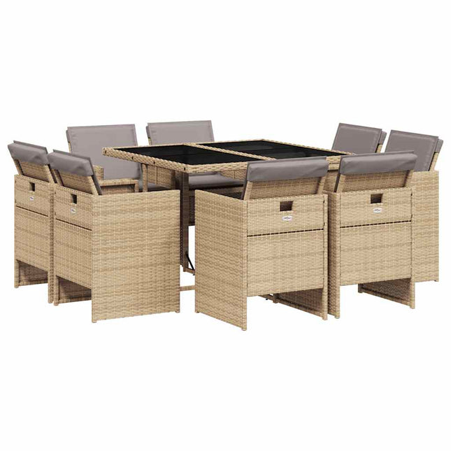spisebordssæt til haven 9 dele med hynder polyrattan beige
