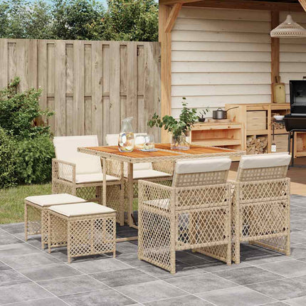 spisebordssæt til haven 9 dele med hynder polyrattan beige