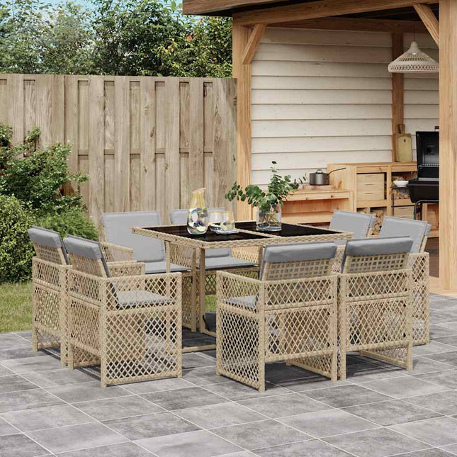 spisebordssæt til haven 9 dele med hynder polyrattan beige