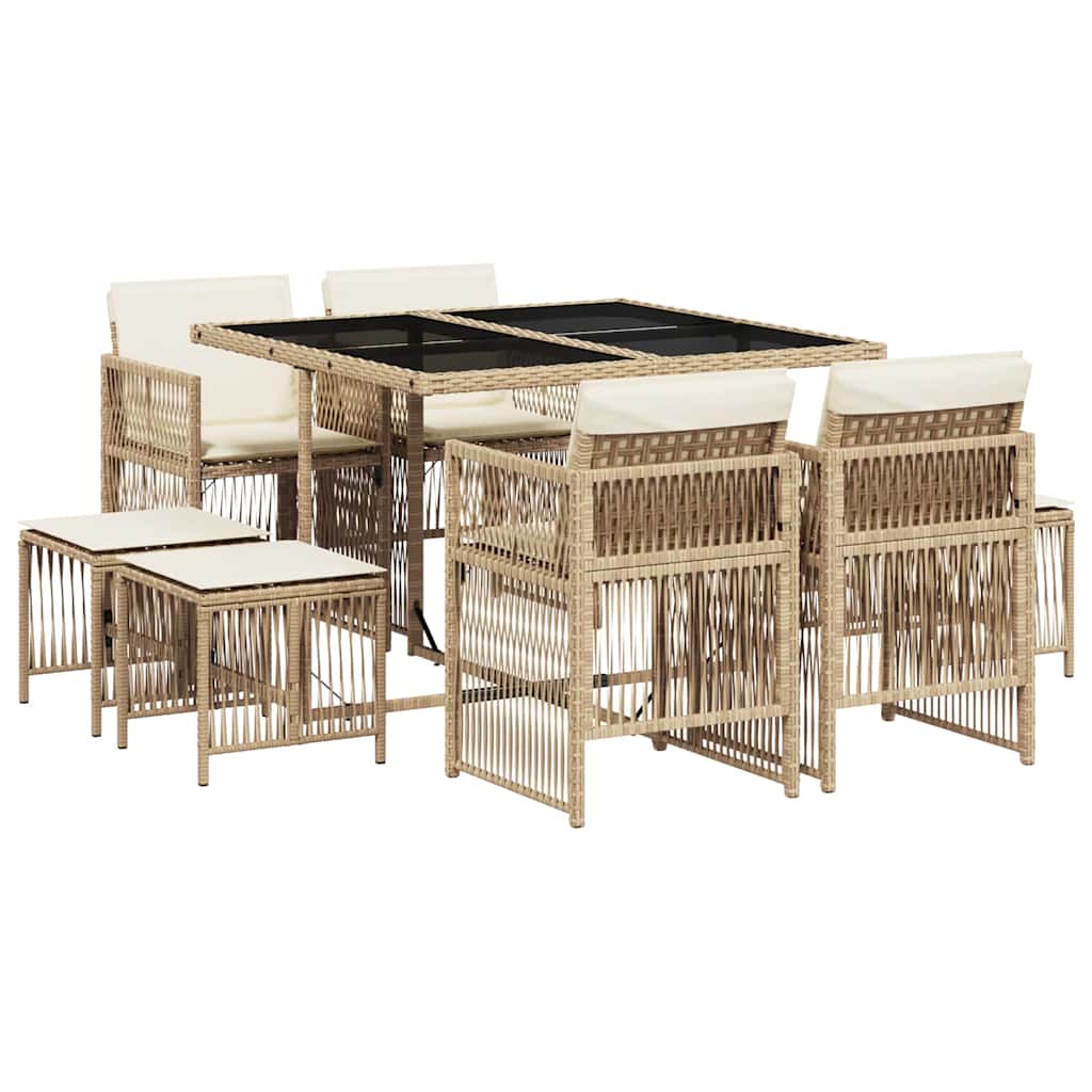 spisebordssæt til haven 9 dele med hynder polyrattan beige