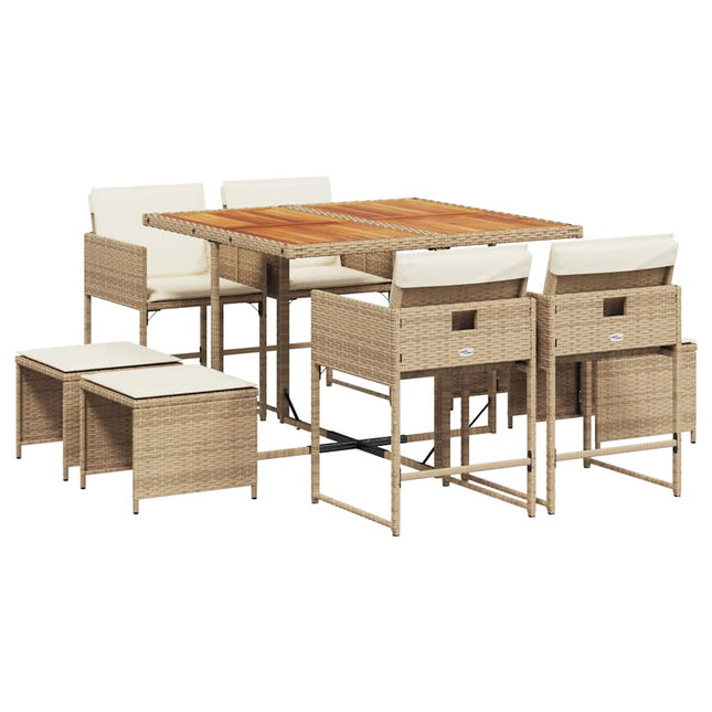 spisebordssæt til haven 9 dele med hynder polyrattan beige