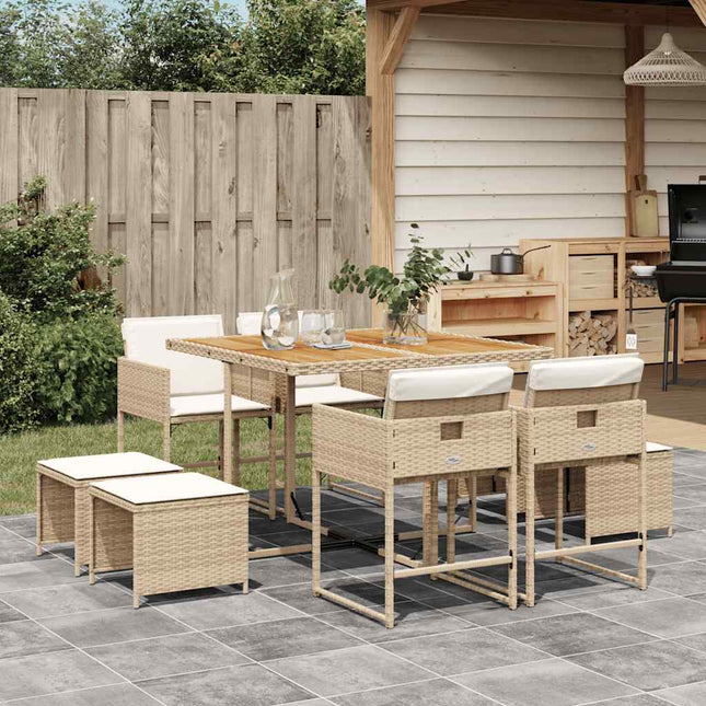 spisebordssæt til haven 9 dele med hynder polyrattan beige