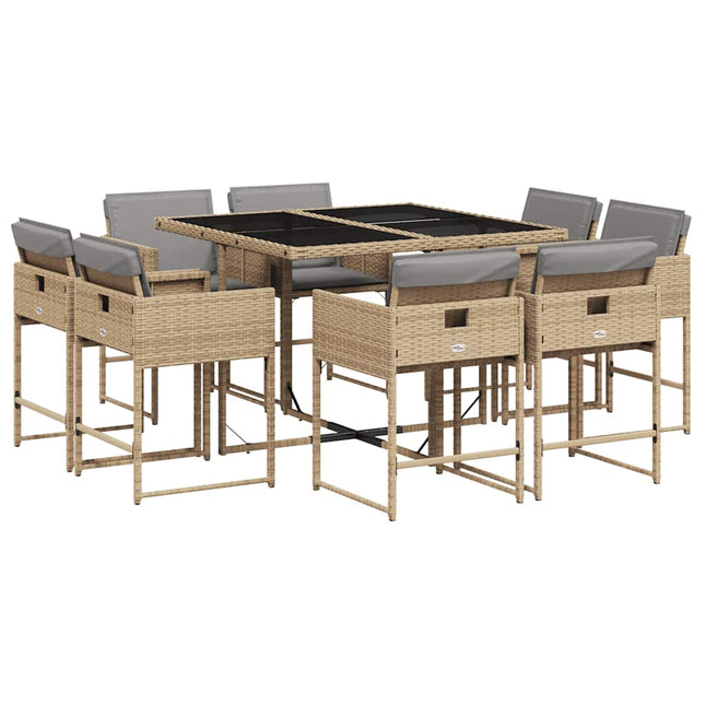 spisebordssæt til haven 9 dele med hynder polyrattan beige