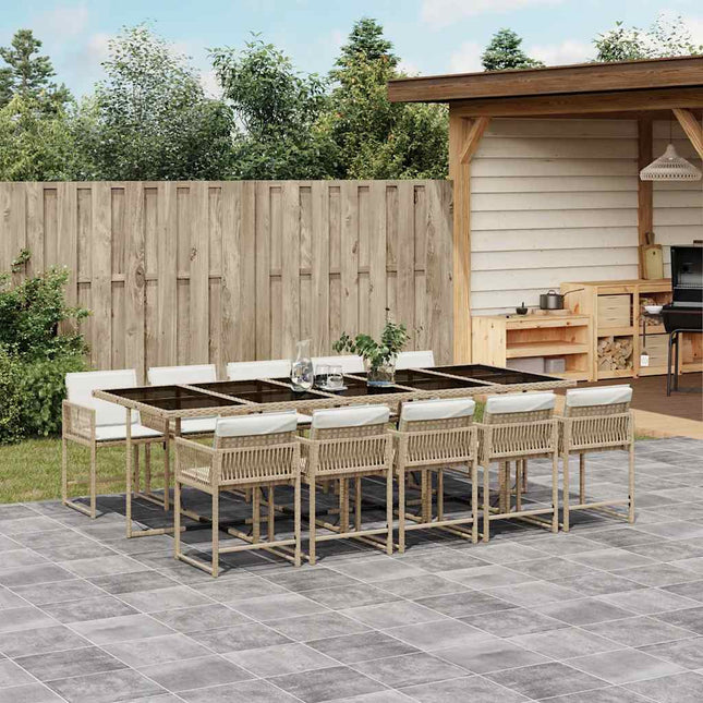 spisebordssæt til haven 11 dele med hynder polyrattan beige