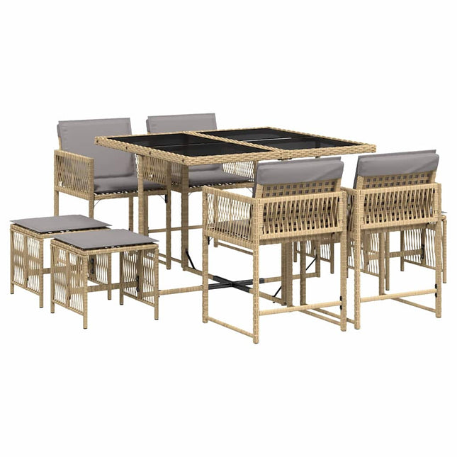 spisebordssæt til haven 9 dele med hynder polyrattan beige