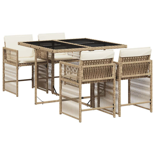 spisebordssæt til haven 5 dele med hynder polyrattan beige