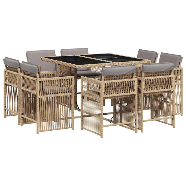 spisebordssæt til haven 9 dele med hynder polyrattan beige