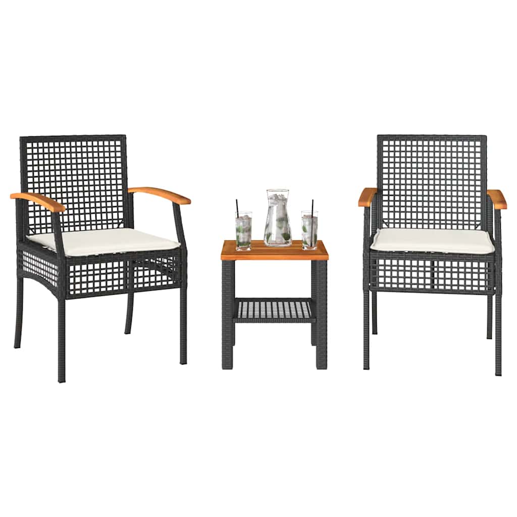 Bistrosæt Med Hynder Og Akacietræ - 2 / Sort / poly rattan and acacia wood