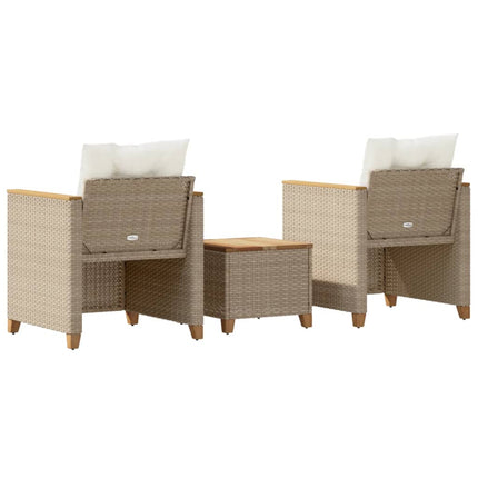 bistrosæt 3 dele med hynder polyrattan og akacietræ beige