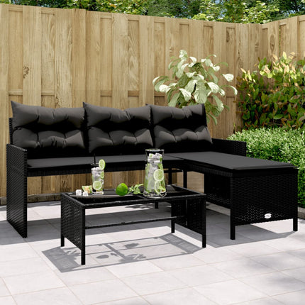havesofa med bord og hynder L-formet polyrattan sort