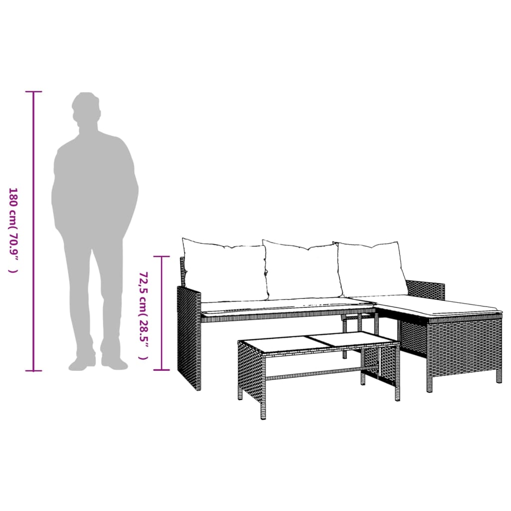 havesofa med bord og hynder L-formet polyrattan brun