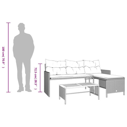 havesofa med bord og hynder L-formet polyrattan grå