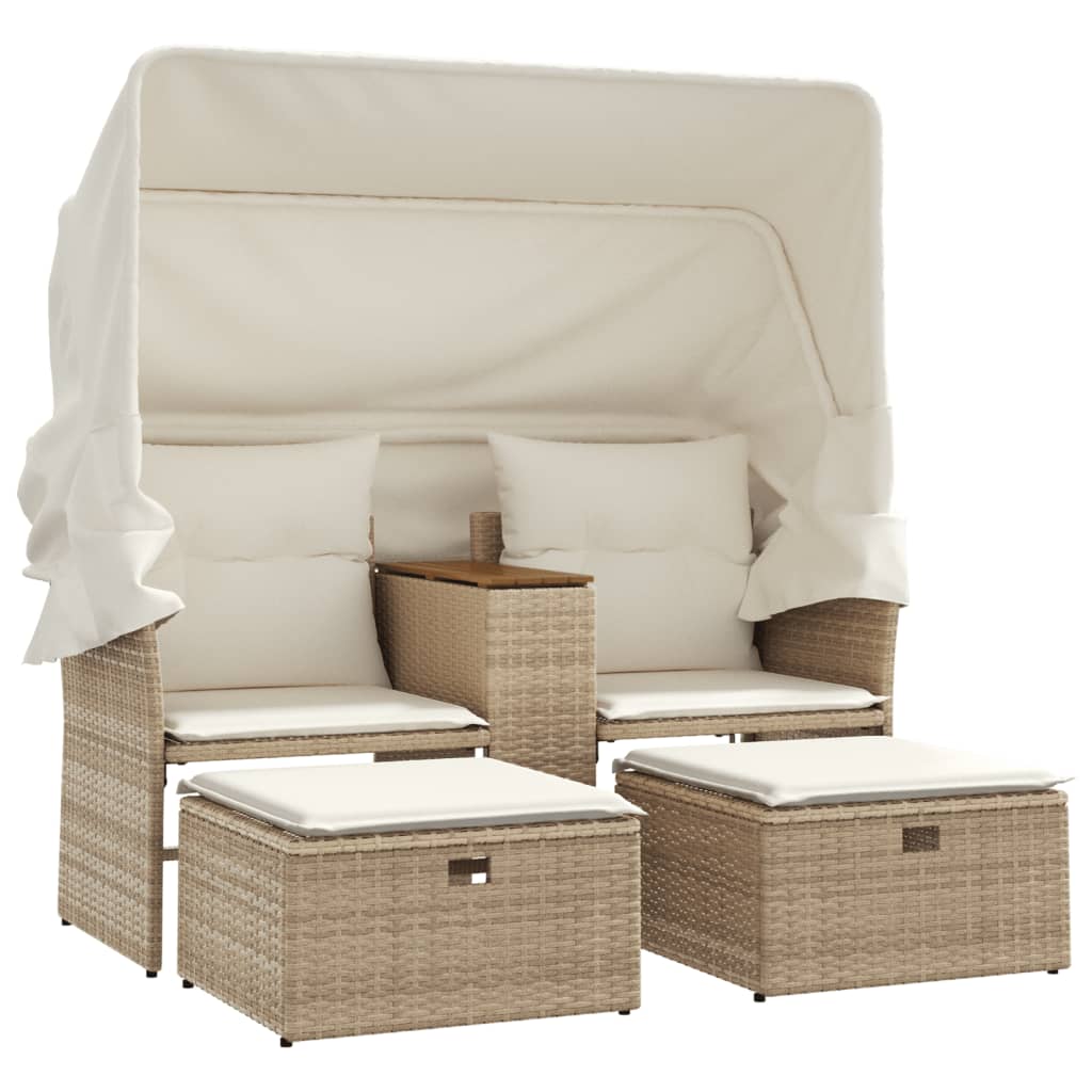 2-personers havesofa med baldakin og skamler polyrattan beige