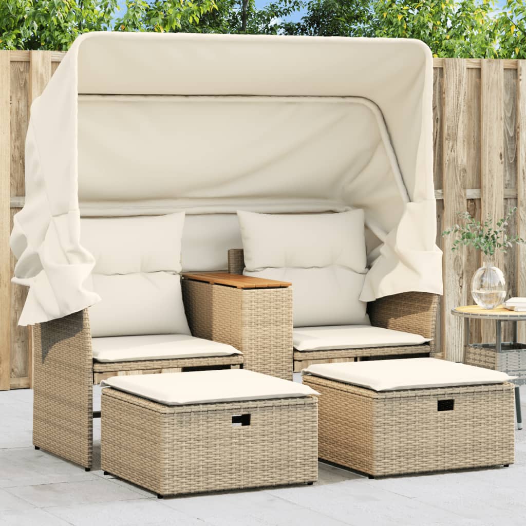 2-Personers Havesofa Og Skamler Polyrattan - Beige / med baldakin