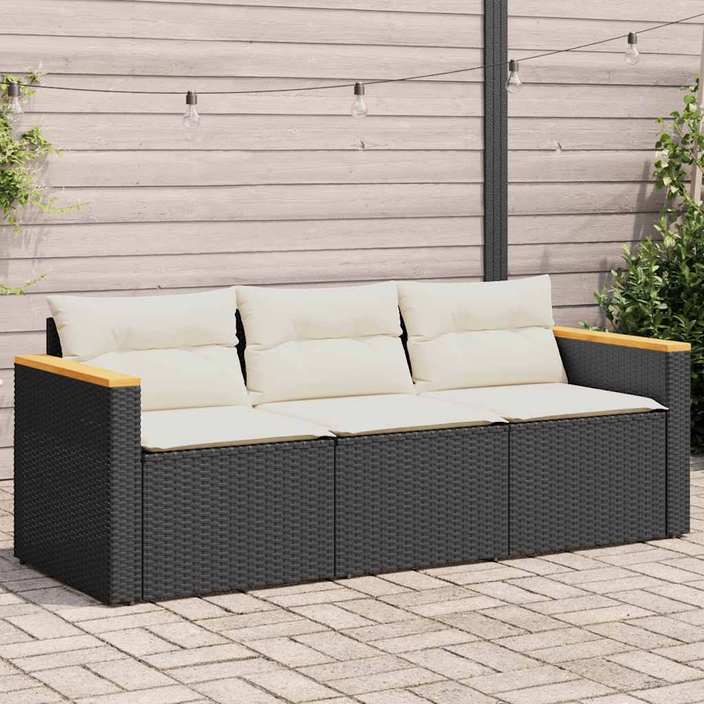 3-personers havesofa i polyrattan med hynder - sort
