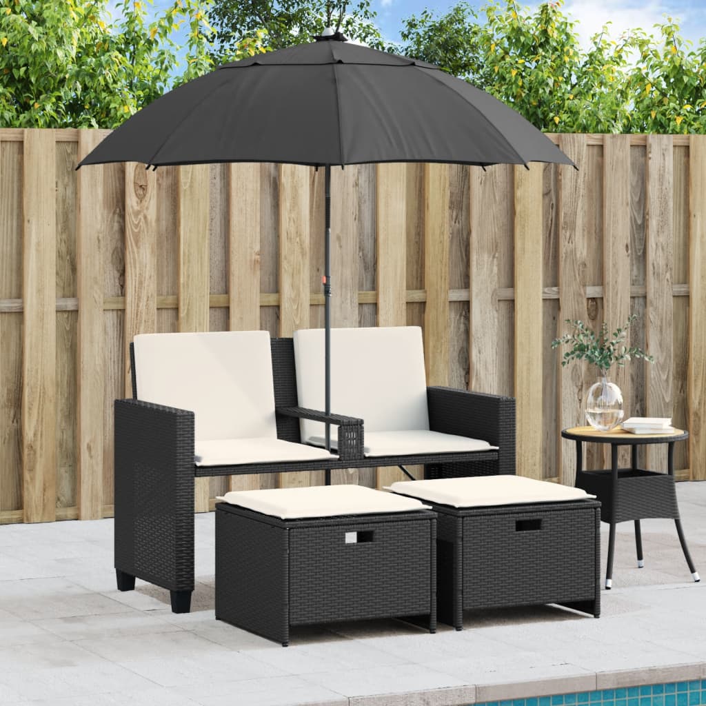 2-personers havesofa med parasol og skamler polyrattan sort