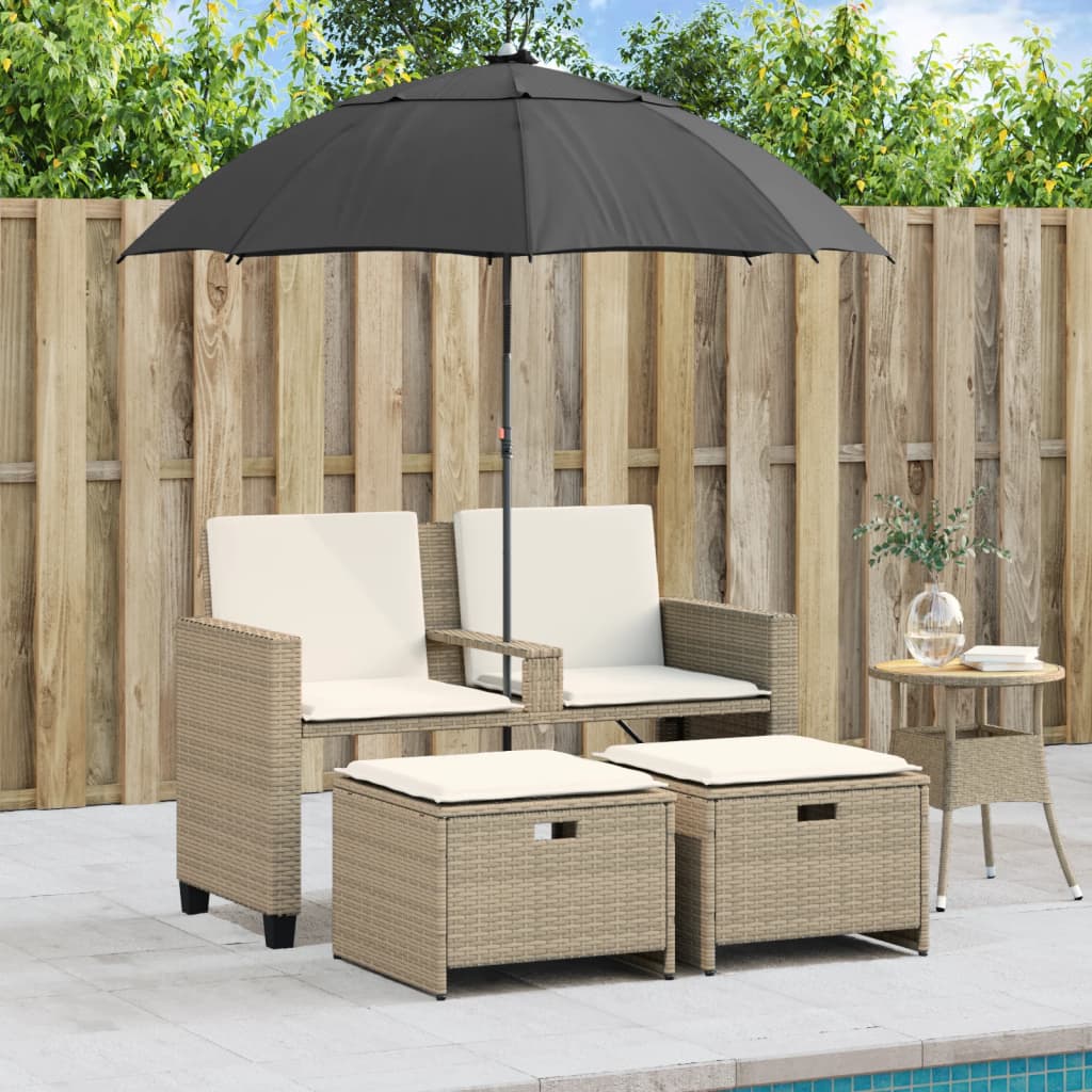 2-personers havesofa med parasol og skamler polyrattan beige