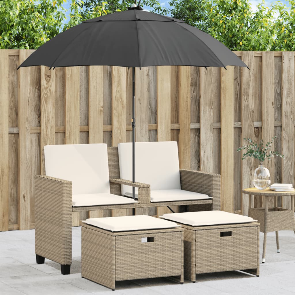 2-Personers Havesofa Med Parasol Og Skamler Polyrattan - beige og cremefarvet