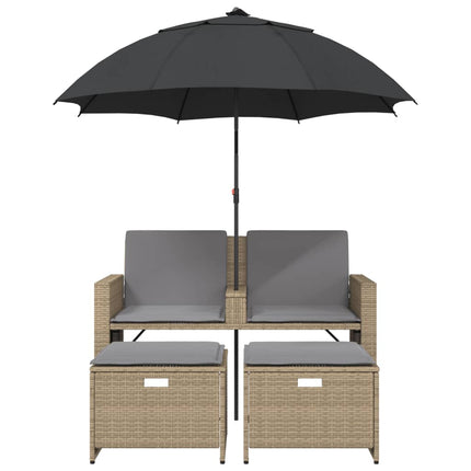 2-personers havesofa med parasol og skamler polyrattan beige