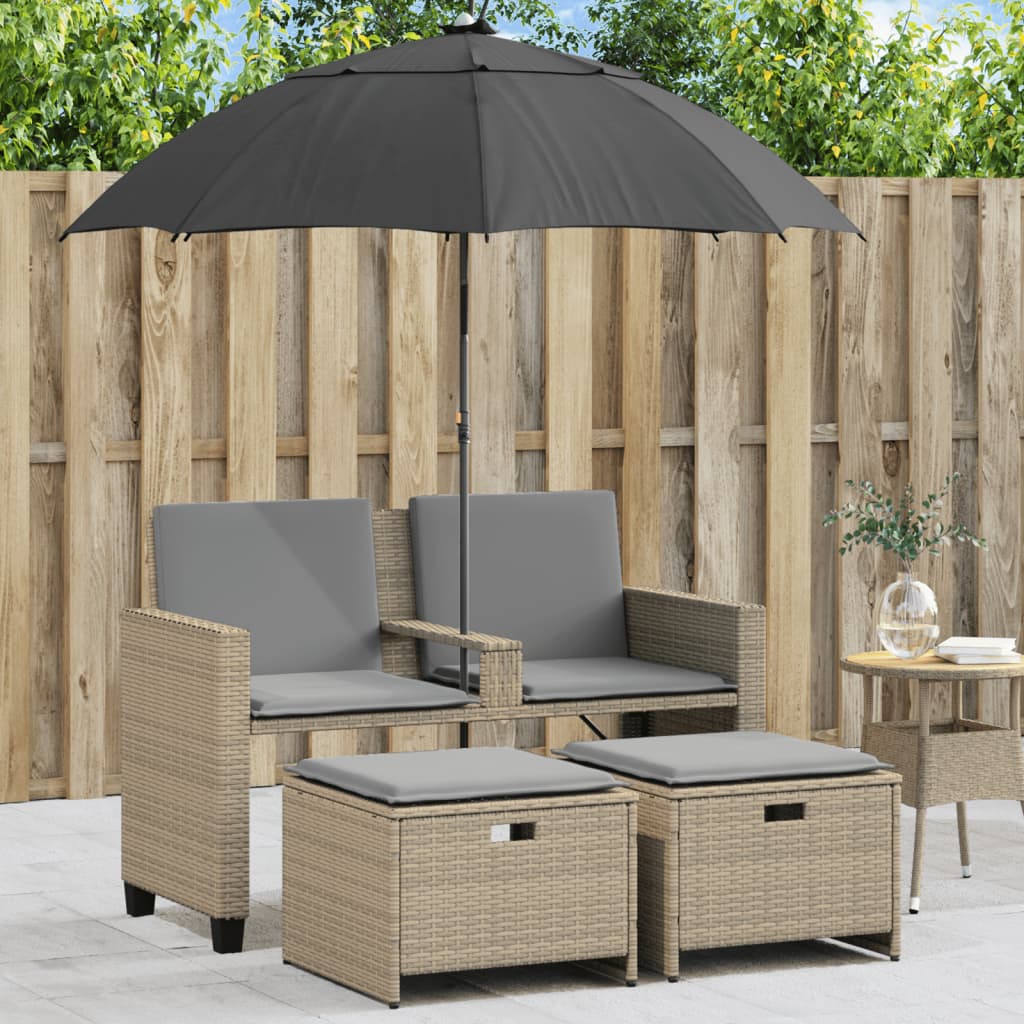 2-Personers Havesofa Med Parasol Og Skamler Polyrattan - beige og grå
