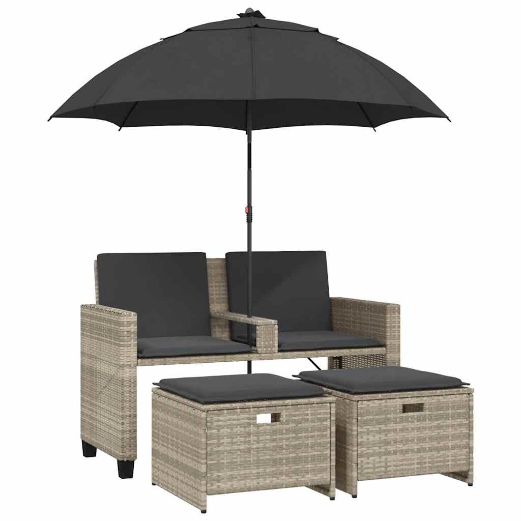 2-personers havesofa med parasol og skamler polyrattan lysegrå