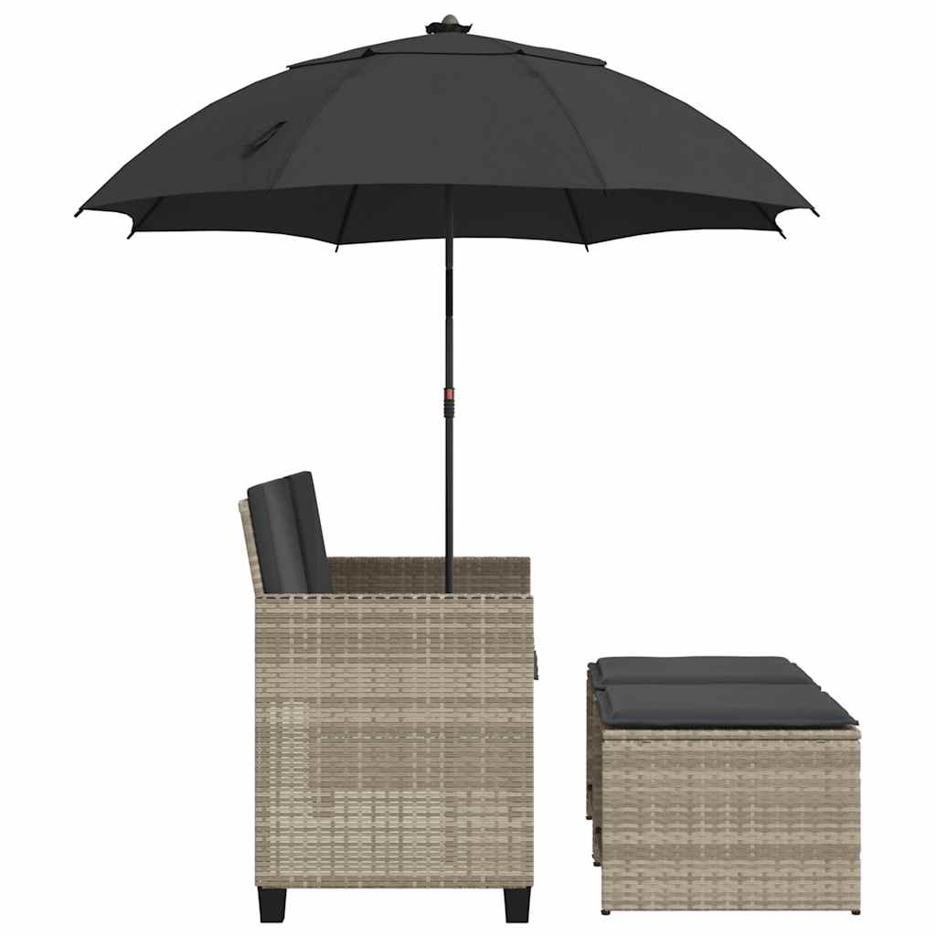 2-personers havesofa med parasol og skamler polyrattan lysegrå
