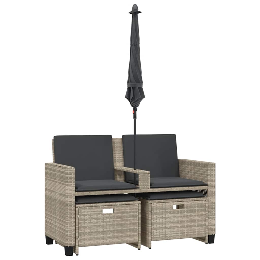 2-personers havesofa med parasol og skamler polyrattan lysegrå