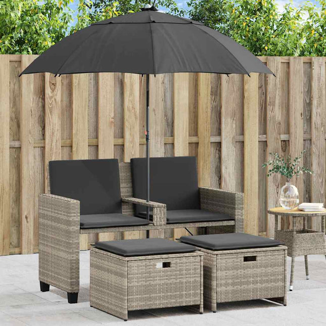 2-personers havesofa med parasol og skamler polyrattan lysegrå