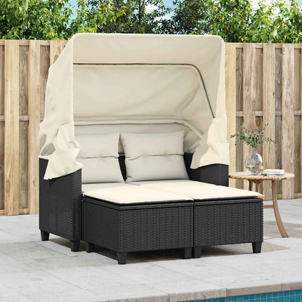 2-personers havesofa med baldakin og skamler polyrattan sort