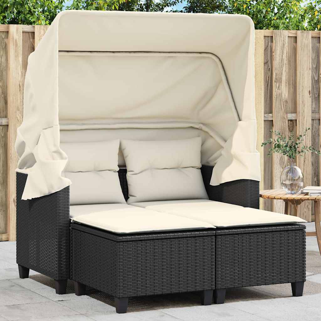 2-Personers Havesofa Med Skamler Polyrattan - Sort Og Cremefarvet / Med Baldakin