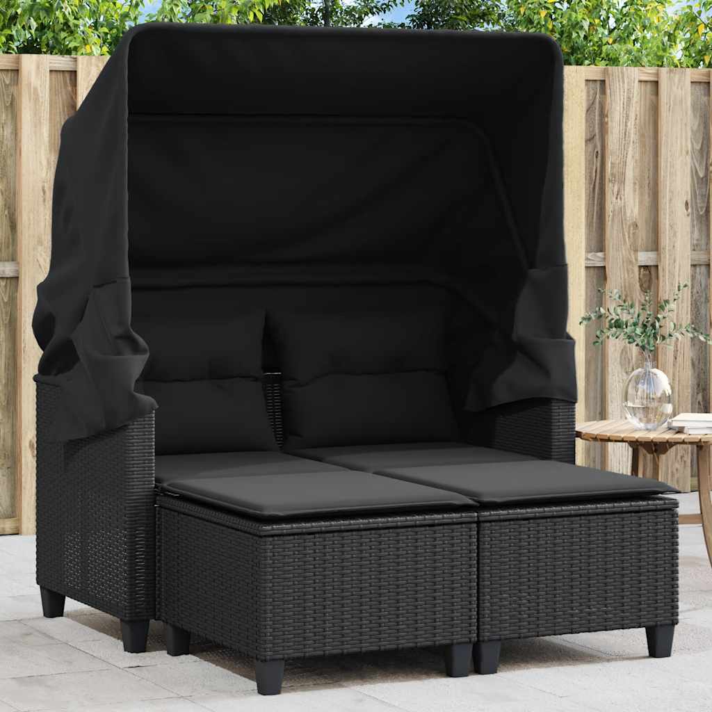 2-Personers Havesofa Med Skamler Polyrattan - Sort / Med Baldakin