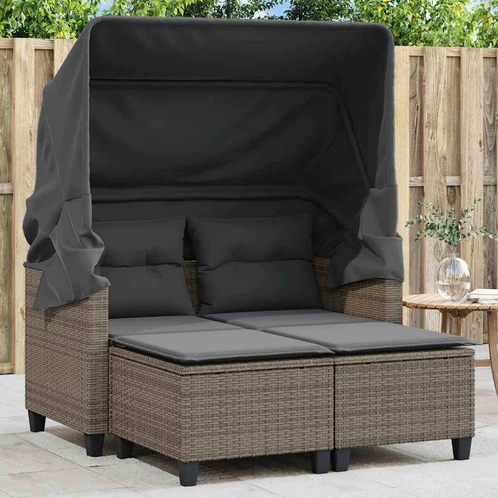 2-Personers Havesofa Med Skamler Polyrattan - Grå / Med Baldakin