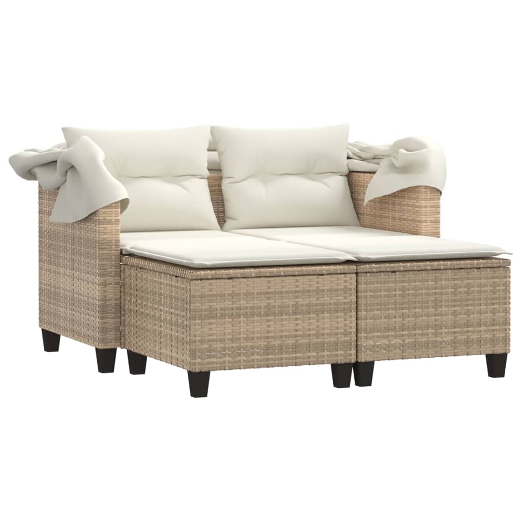 2-personers havesofa med baldakin og skamler polyrattan beige