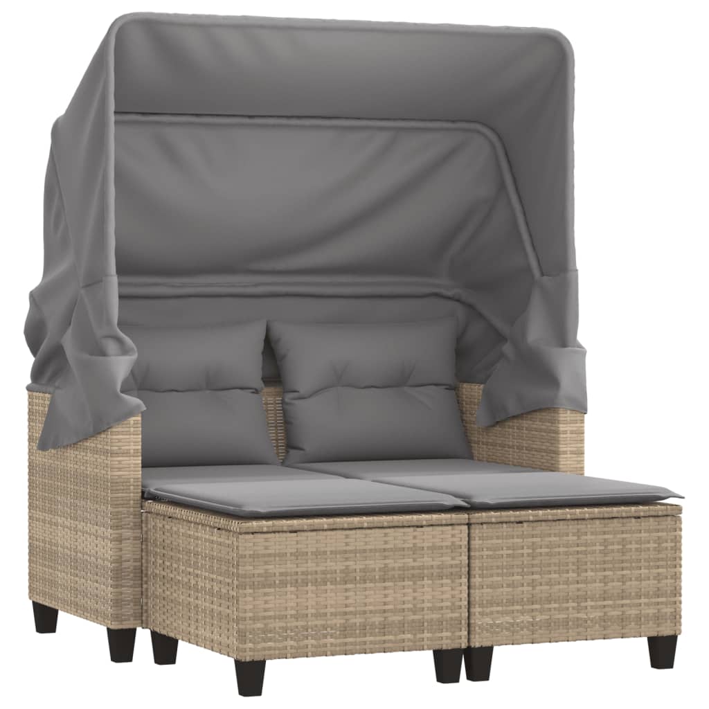 2-personers havesofa med baldakin og skamler polyrattan beige