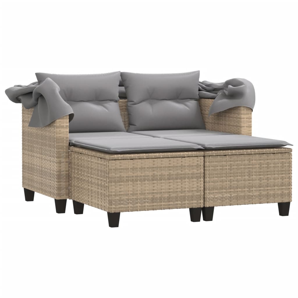 2-personers havesofa med baldakin og skamler polyrattan beige