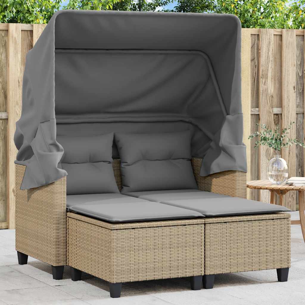 2-personers havesofa med baldakin og skamler i polyrattan - beige/lysegrå hynder