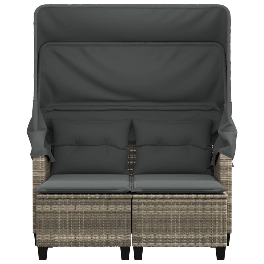 2-personers havesofa med baldakin og skamler polyrattan lysegrå