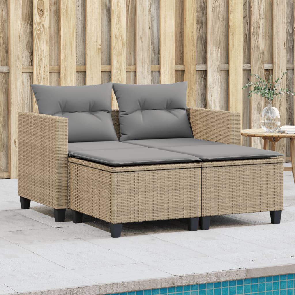 2-personers havesofa med skamler polyrattan beige
