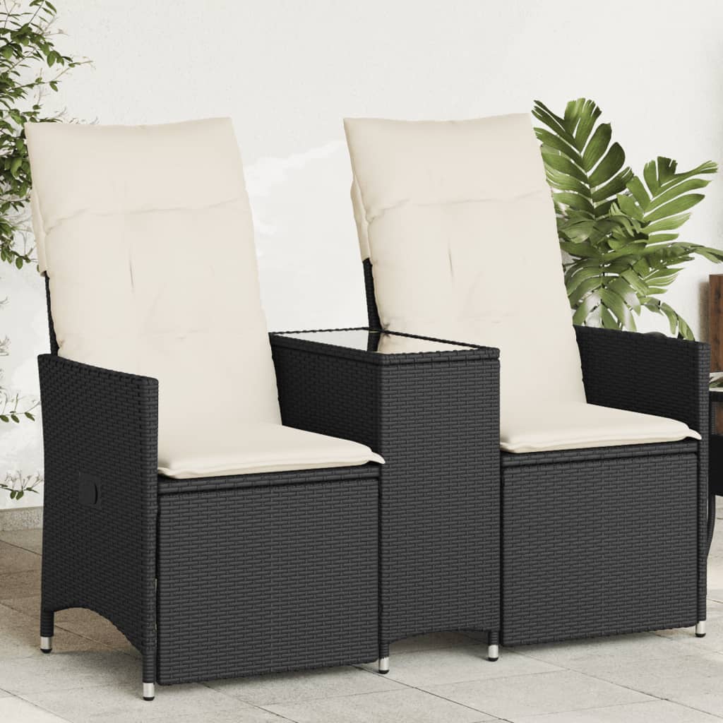 2-Personers Havesofa Med Bord Og Lænefunktion Polyrattan Sort - Glas / Uden fodskammel