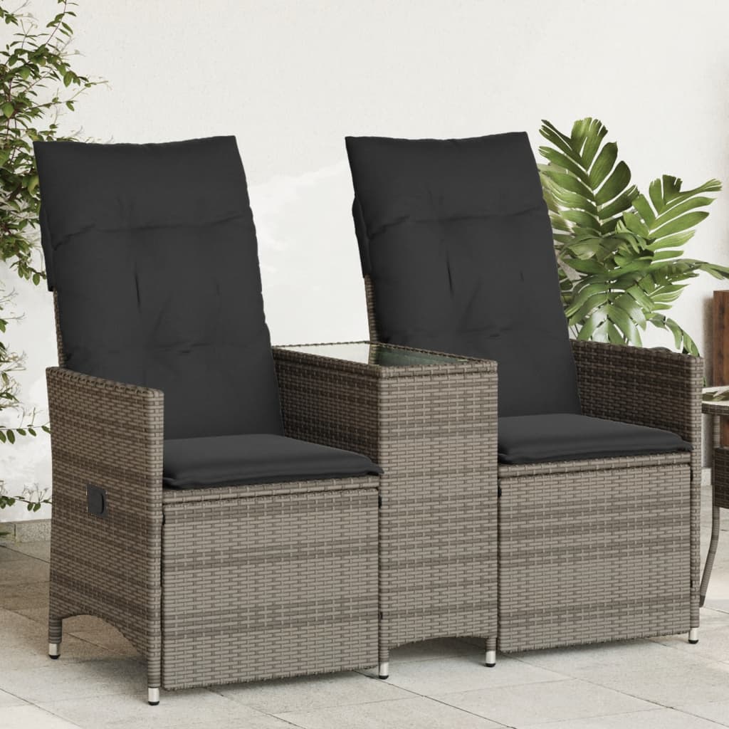 2-Personers Havesofa Med Bord Og Lænefunktion Polyrattan Grå - Glas / Uden fodskammel