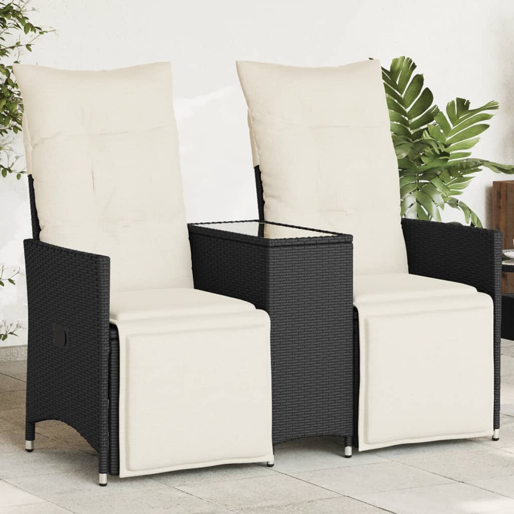 2-personers Havesofa Med Bord Og Lænefunktion Polyrattan - Sort / Glas / Med fodskammel