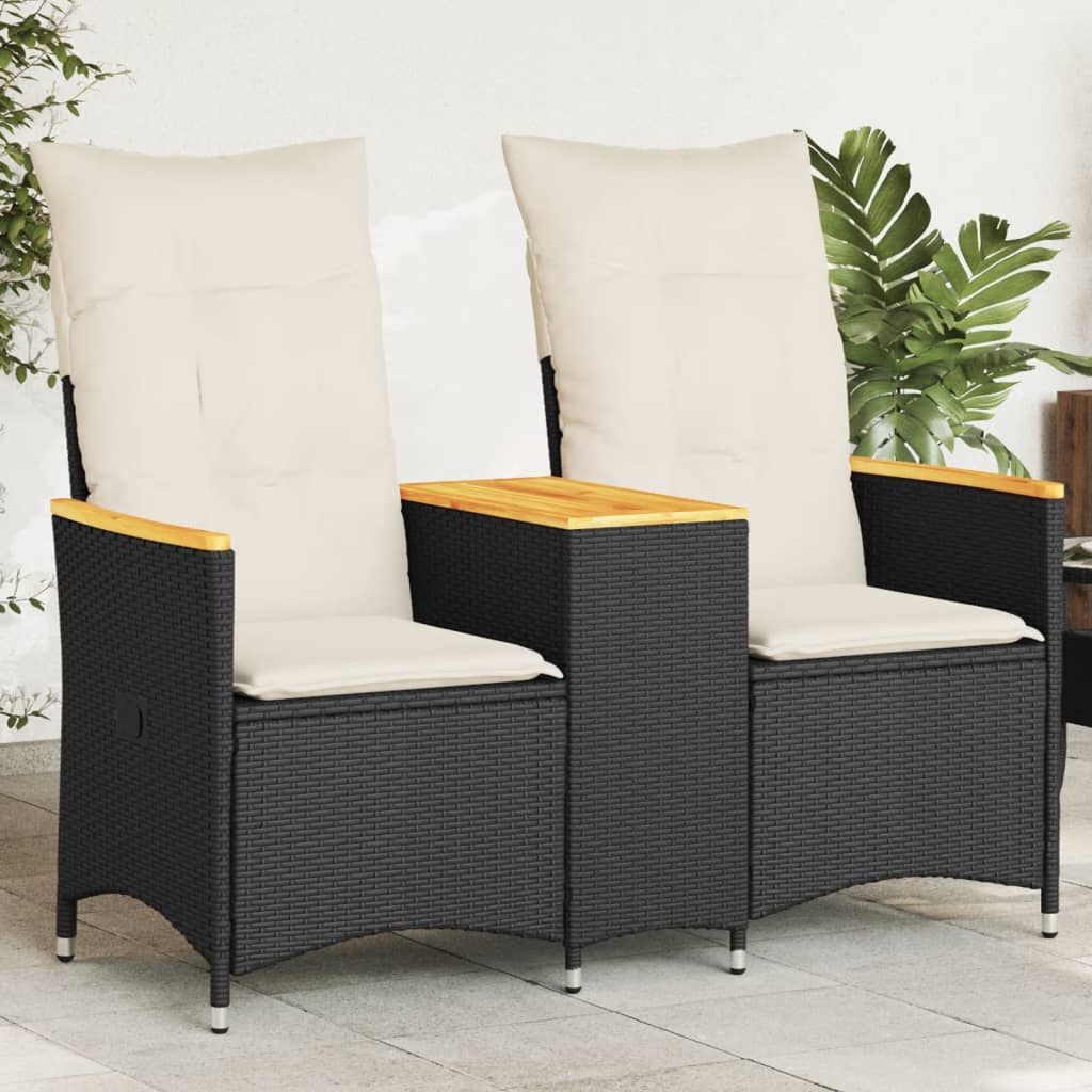2-personers Havesofa Med Bord Og Lænefunktion Polyrattan - Sort / Træ / Uden fodskammel