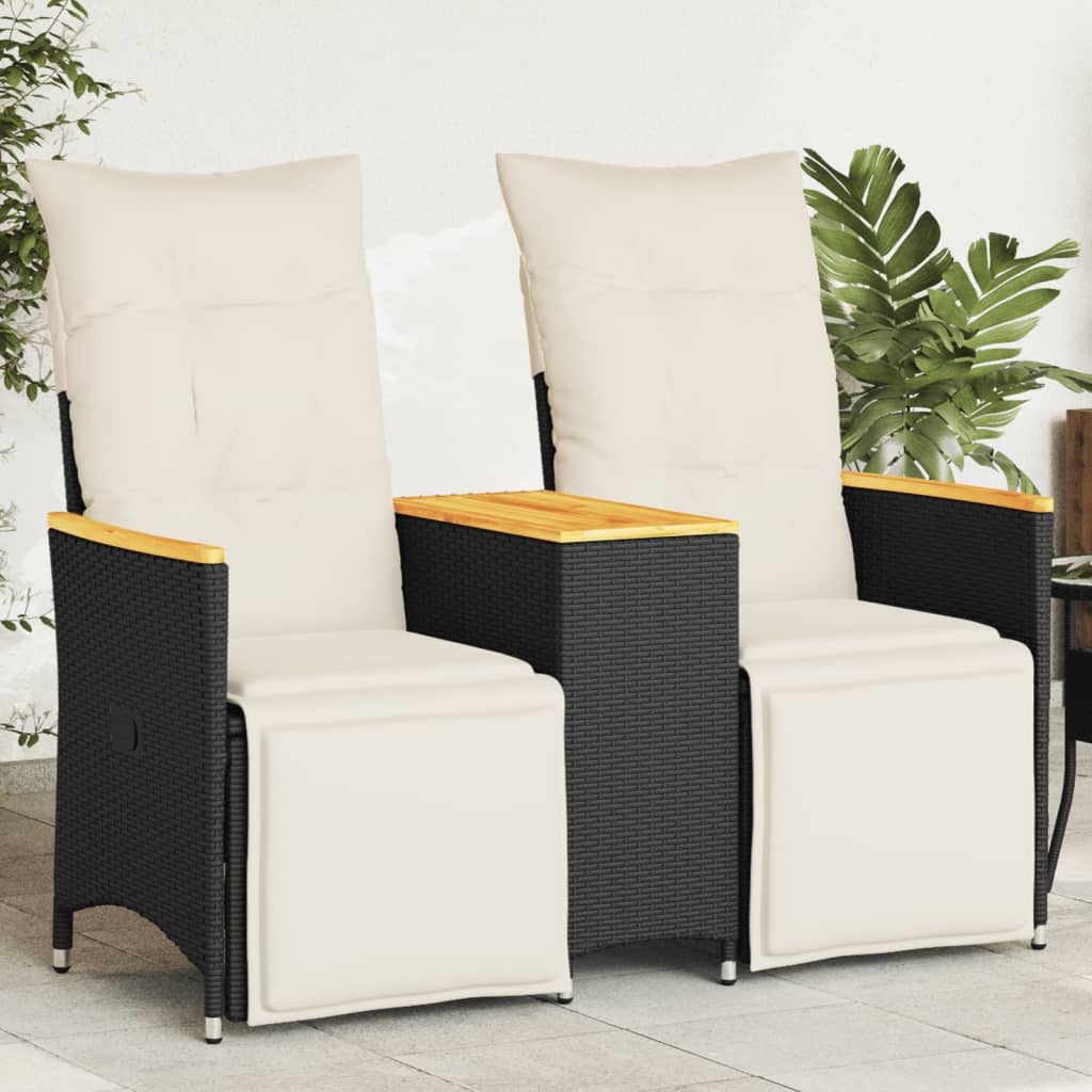 2-personers Havesofa Med Bord Og Lænefunktion Polyrattan - Sort / Træ / Med fodskammel