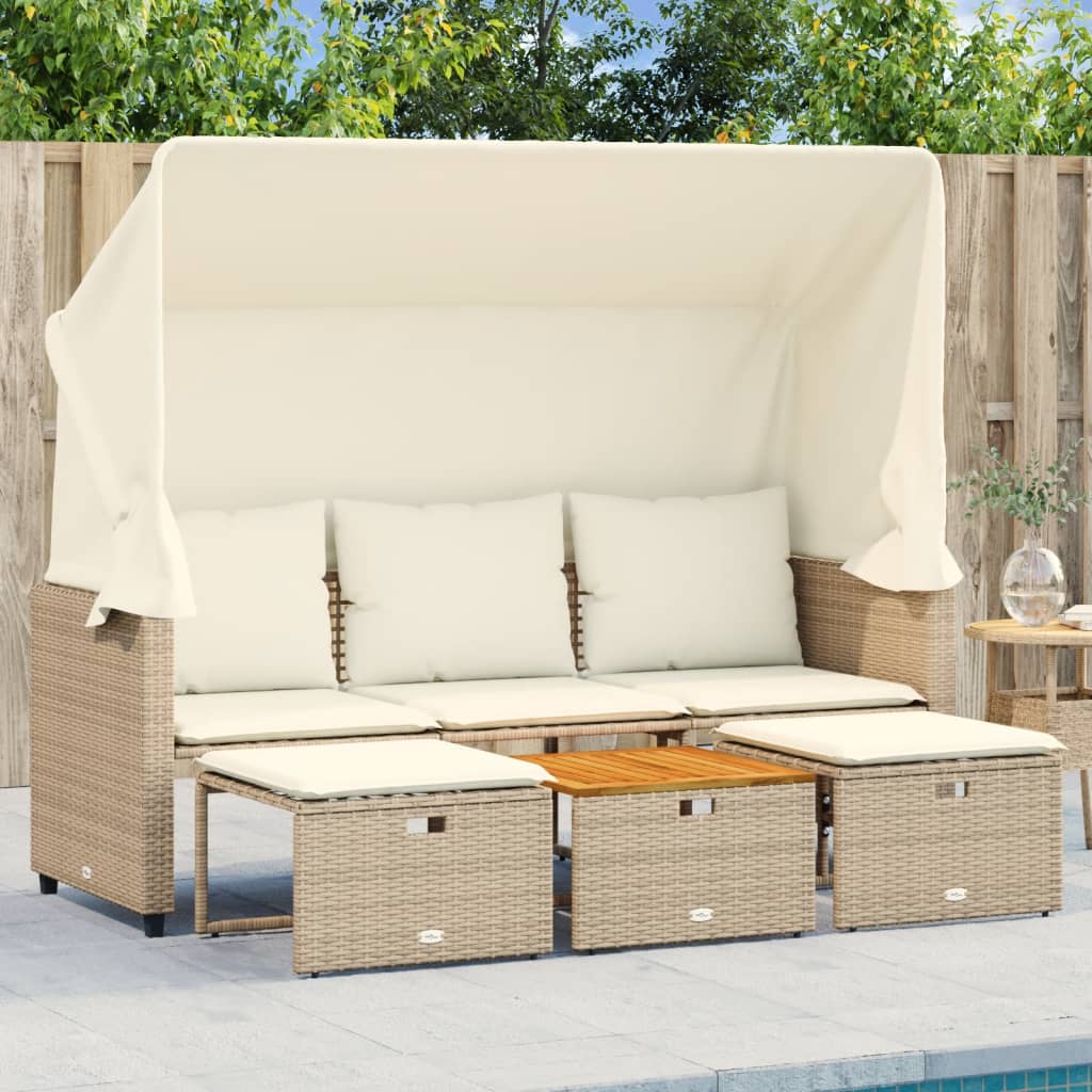 3-personers havesofa med baldakin og skamler i polyrattan - beige