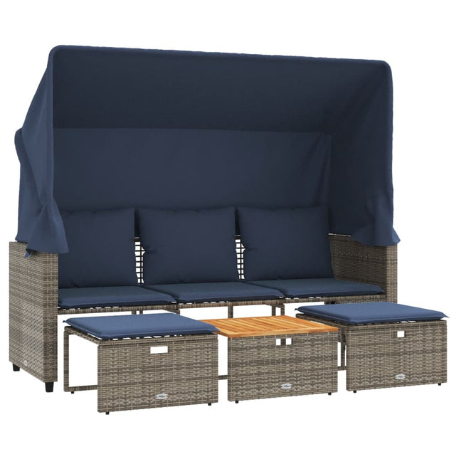 havesofa 3-personers med baldakin og skamler grå polyrattan