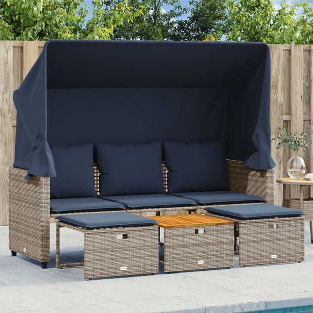 havesofa 3-personers med baldakin og skamler grå polyrattan