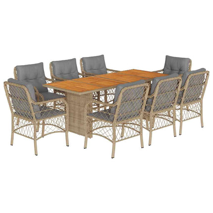 spisebordssæt til haven 9 dele med hynder polyrattan beige